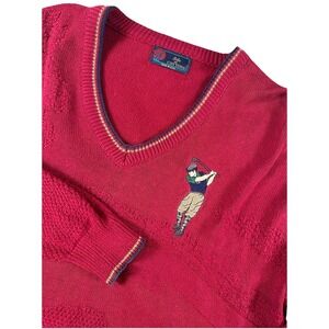 Isle of Cotton Mens Golf Sweater Red V-Neck Made in USA Large Vintage‎ Textured